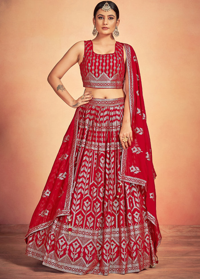 3 Pc Red Georgette Readymade Lehenga Set