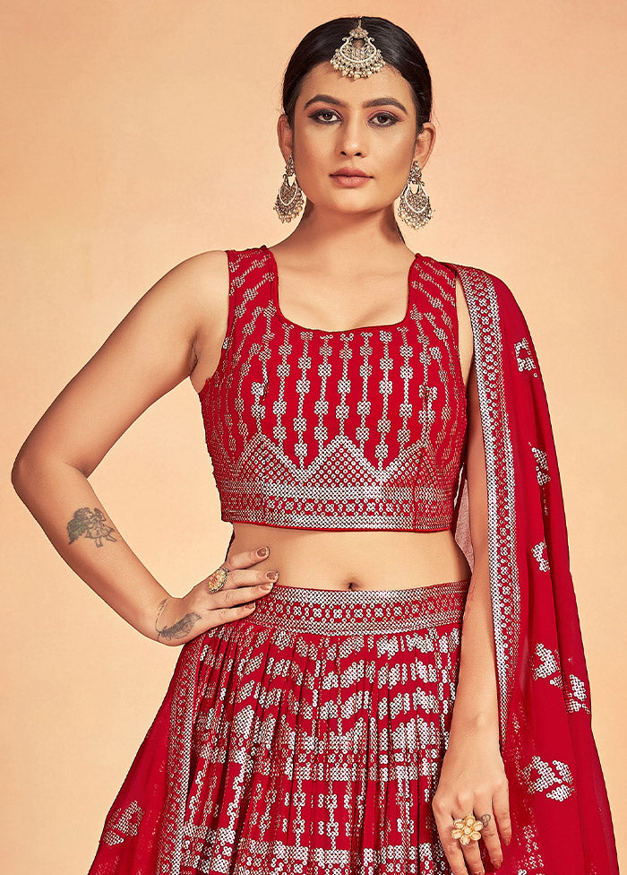 3 Pc Red Georgette Readymade Lehenga Set