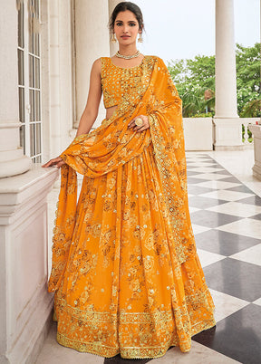 3 Pc Yellow Georgette Semi Stitched Lehenga Set