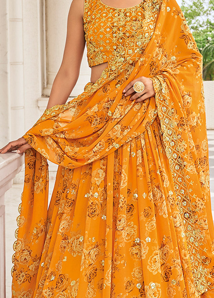 3 Pc Yellow Georgette Semi Stitched Lehenga Set