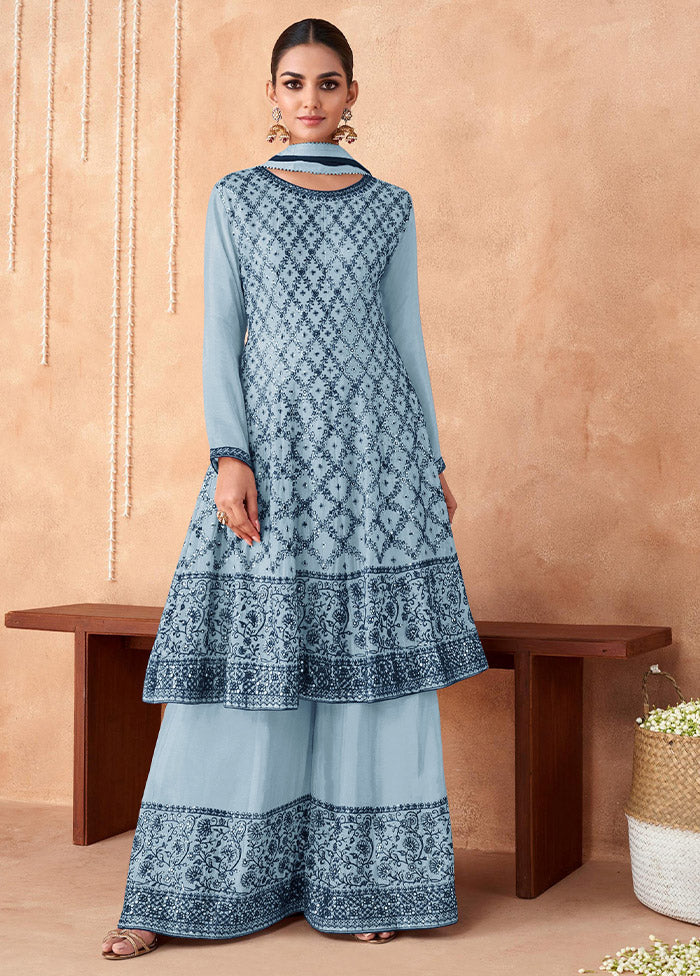 3 Pc Sky Blue Semi Stitched Georgette Suit Set