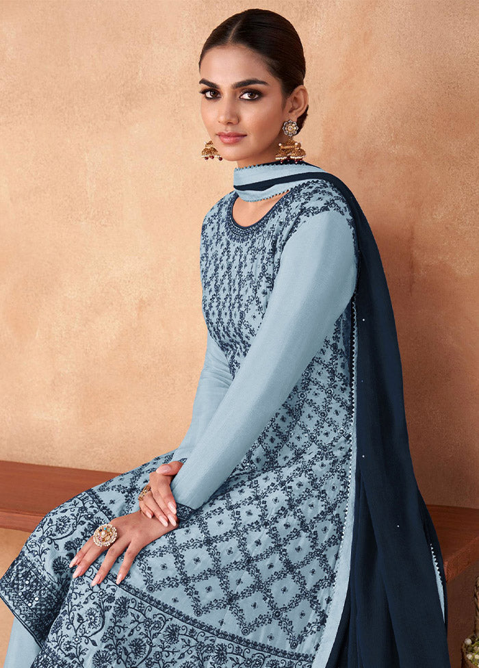 3 Pc Sky Blue Semi Stitched Georgette Suit Set