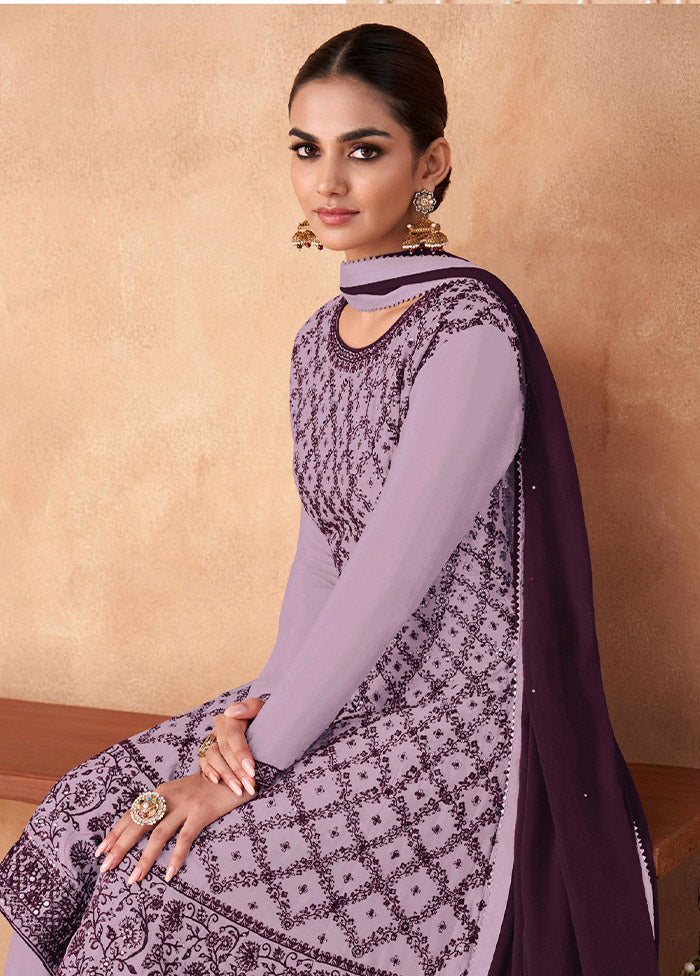 3 Pc Purple Semi Stitched Georgette Suit Set