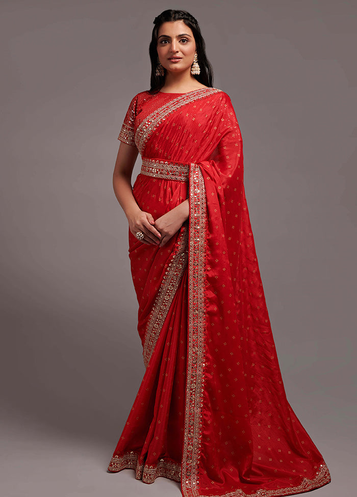 Red Spun Silk Saree With Blouse Piece