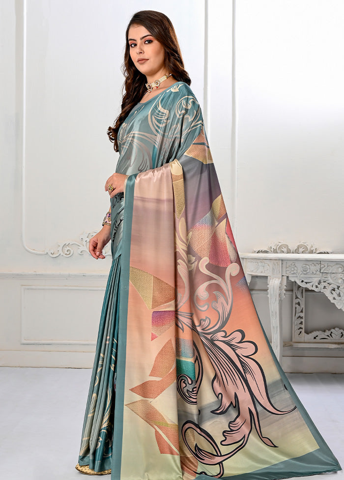 Teal blue Spun Silk Saree With Blouse Piece