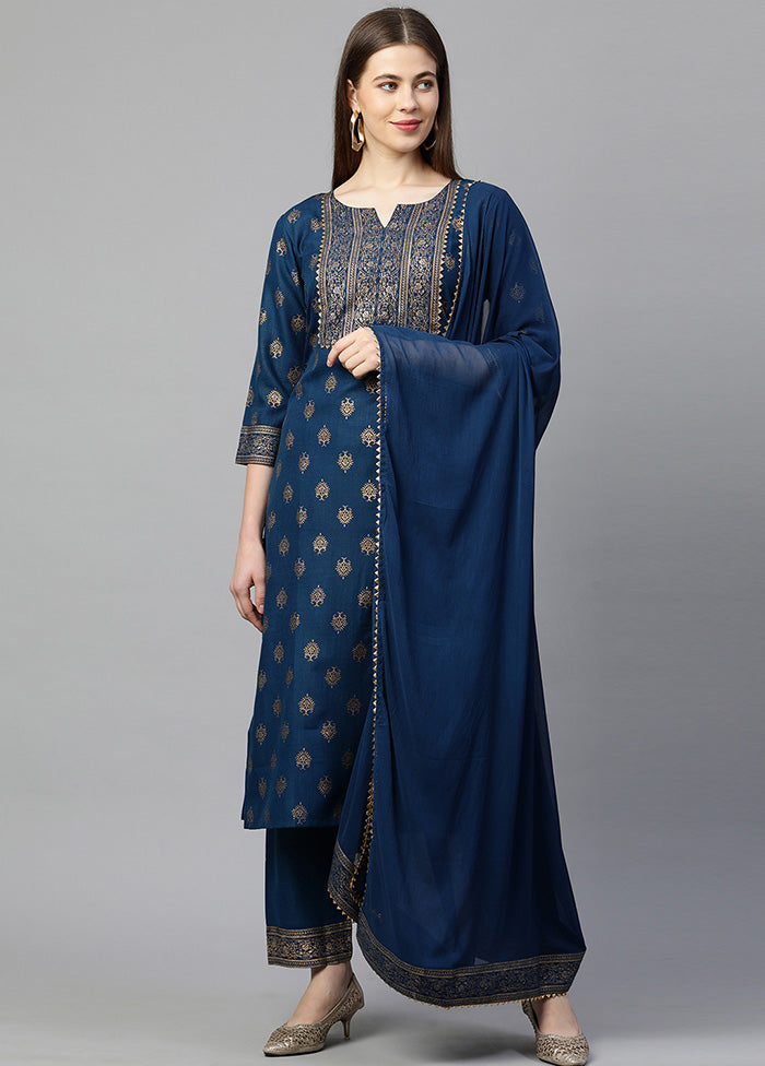 3 Pc Navy Blue Readymade Rayon Suit Set