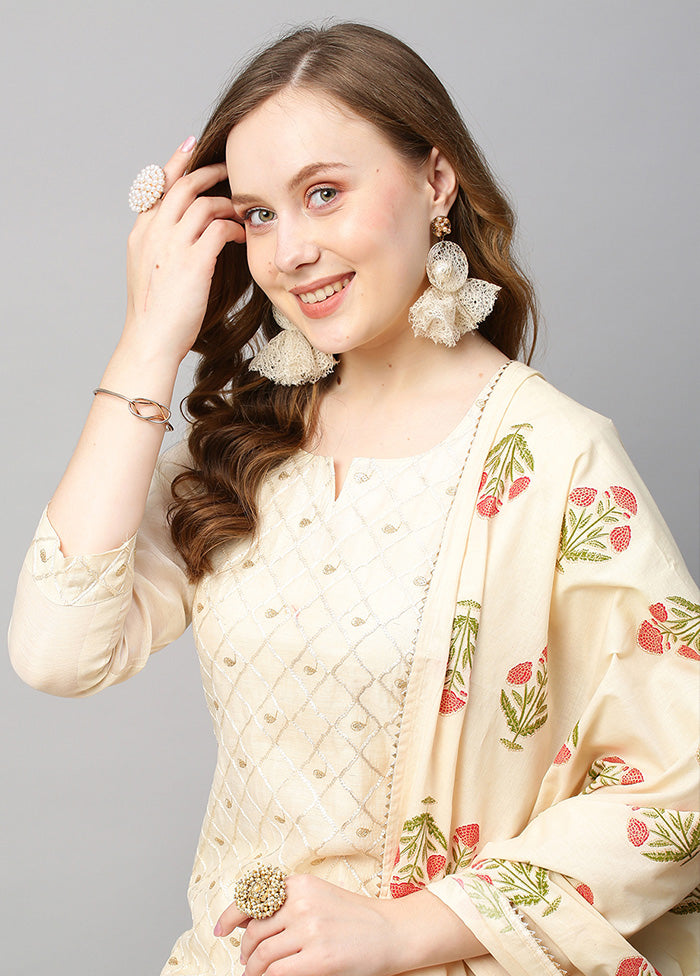 3 Pc Cream Readymade Rayon Suit Set