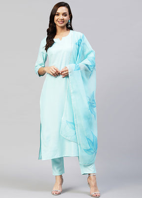 3 Pc Sky Blue Readymade Rayon Suit Set