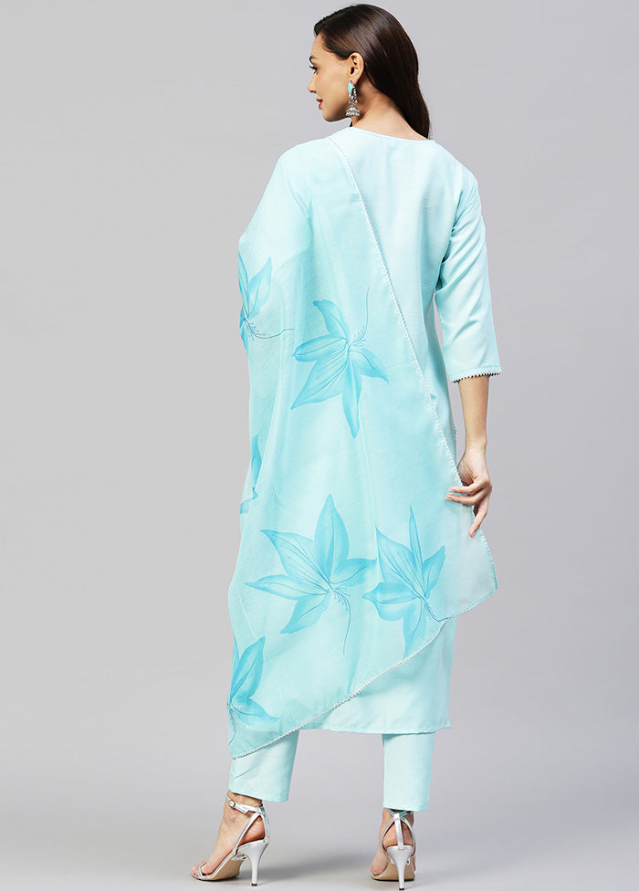 3 Pc Sky Blue Readymade Rayon Suit Set