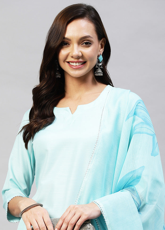 3 Pc Sky Blue Readymade Rayon Suit Set