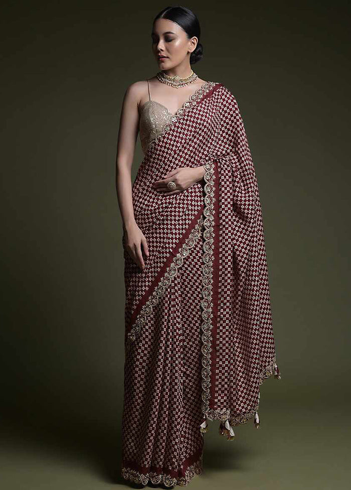 Wine Spun Silk Saree With Blouse Piece