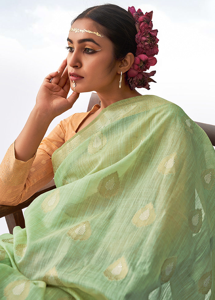 Pista Green Spun Silk Saree With Blouse Piece