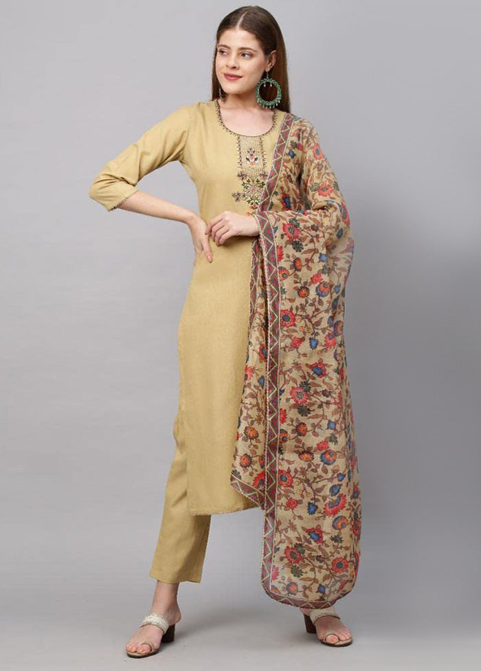 3 Pc Beige Readymade Rayon Suit Set
