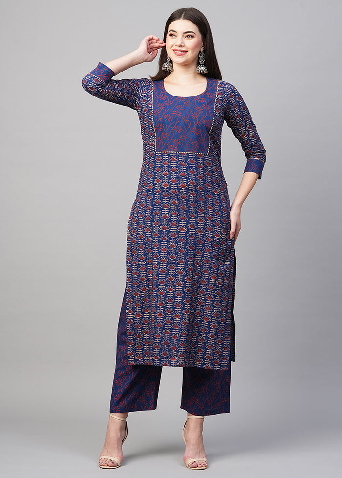 2 Pc Navy Blue Readymade Rayon Kurti Set