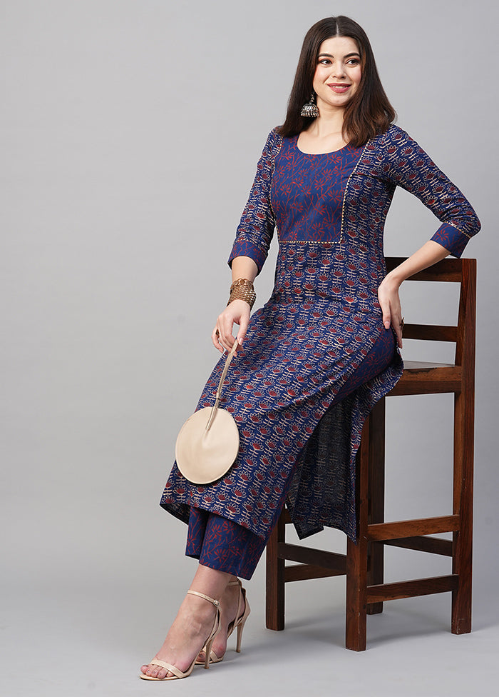 2 Pc Navy Blue Readymade Rayon Kurti Set