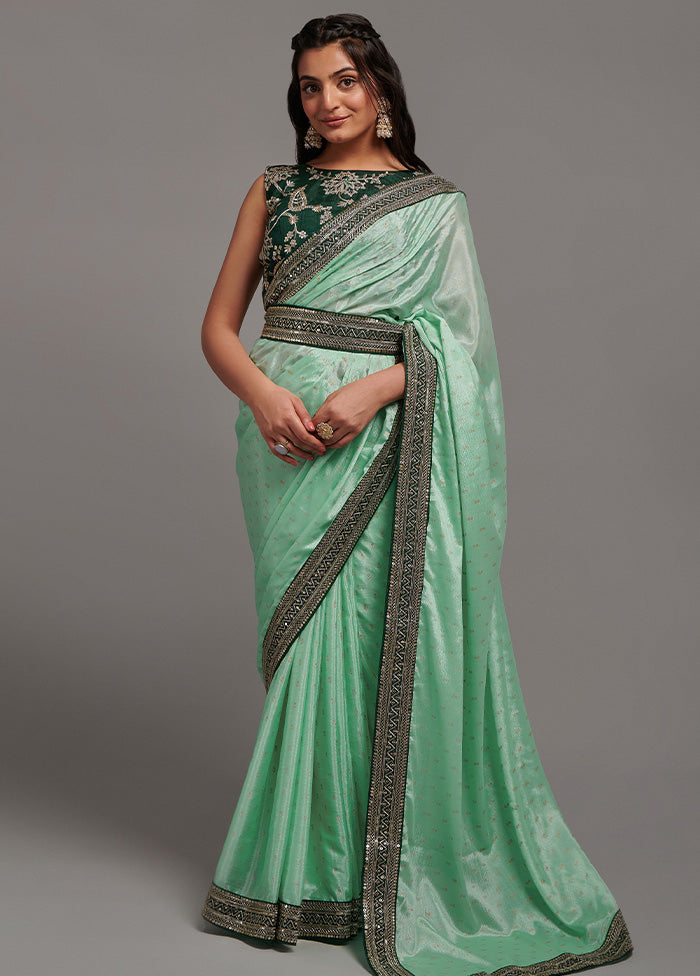 Pista Green Spun Silk Saree With Blouse Piece