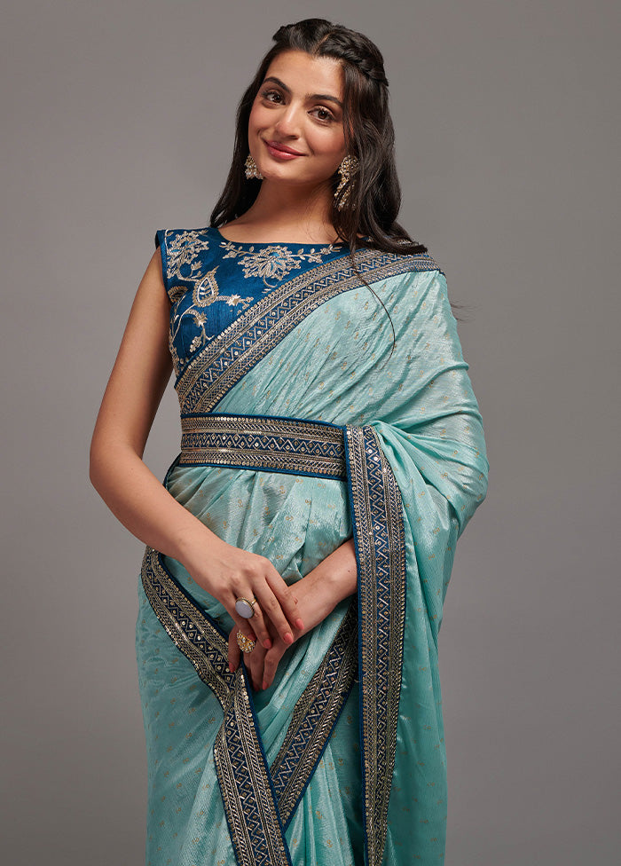 Sky Blue Spun Silk Saree With Blouse Piece