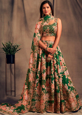 3 Pc Green Net Semi Stitched Lehenga Set