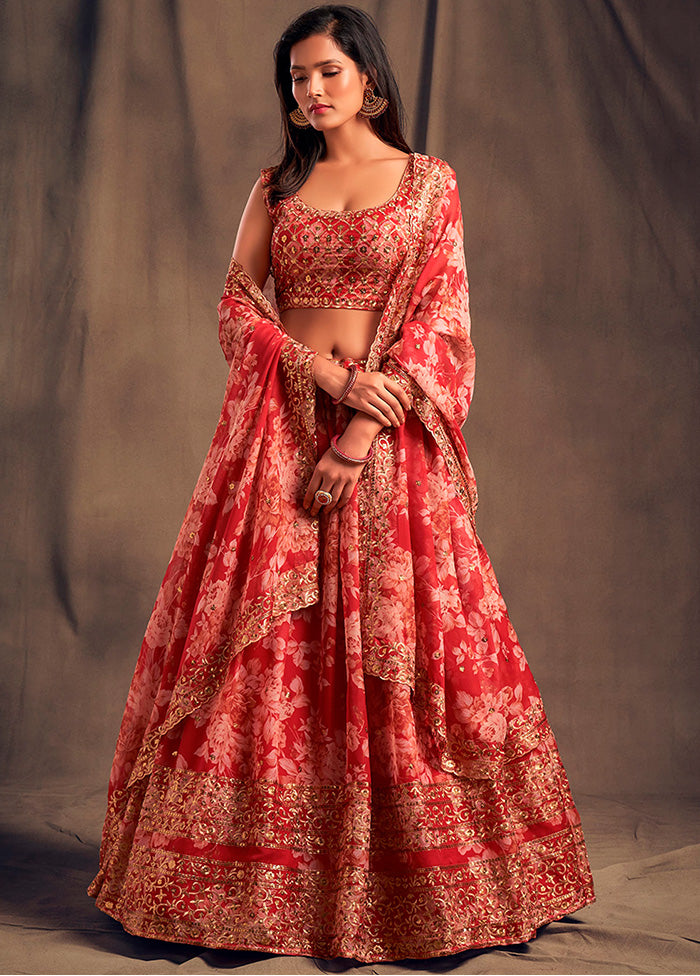 3 Pc Red Net Semi Stitched Lehenga Set