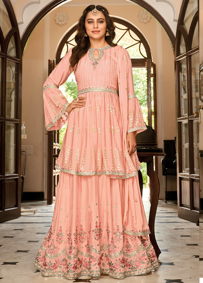 3 Pc Peach Unstitched Silk Suit Set