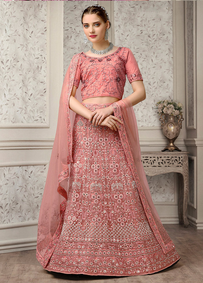 3 Pc Pink Net Semi Stitched Lehenga Set