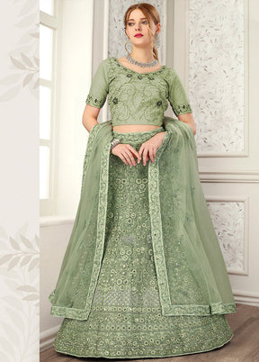 3 Pc Green Net Semi Stitched Lehenga Set