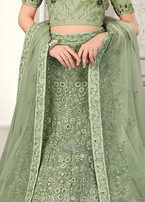 3 Pc Green Net Semi Stitched Lehenga Set