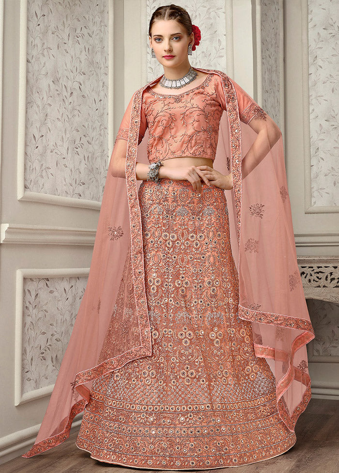 3 Pc Peach Net Semi Stitched Lehenga Set