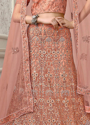 3 Pc Peach Net Semi Stitched Lehenga Set