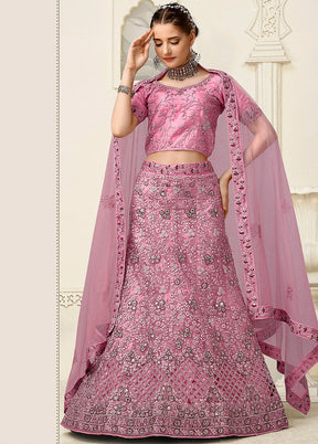 3 Pc Pink Net Semi Stitched Lehenga Set