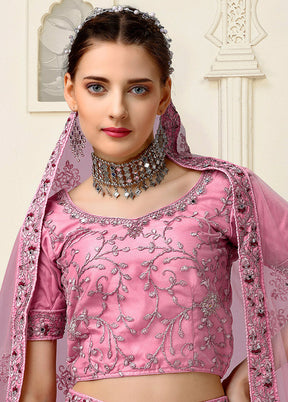 3 Pc Pink Net Semi Stitched Lehenga Set