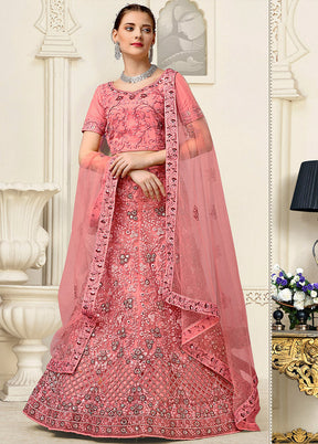 3 Pc Light Pink Net Semi Stitched Lehenga Set