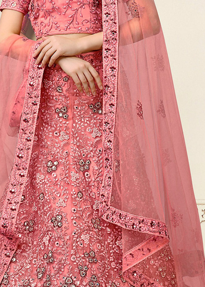 3 Pc Light Pink Net Semi Stitched Lehenga Set