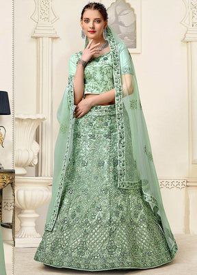 3 Pc Sea Green Net Semi Stitched Lehenga Set