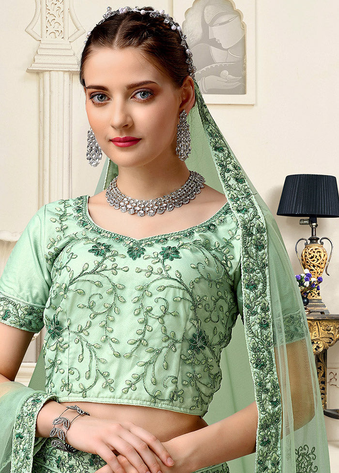 3 Pc Sea Green Net Semi Stitched Lehenga Set