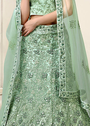 3 Pc Sea Green Net Semi Stitched Lehenga Set