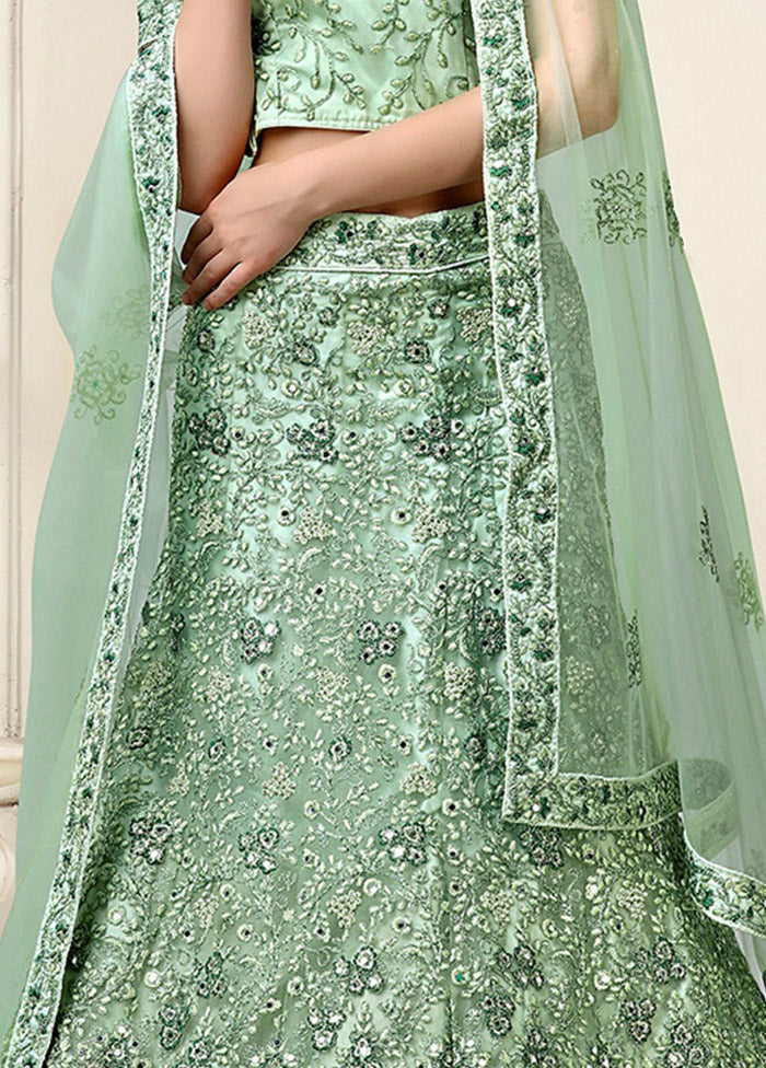 3 Pc Sea Green Net Semi Stitched Lehenga Set