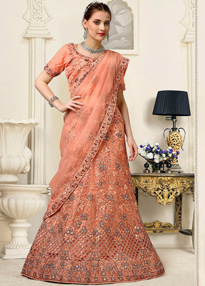 3 Pc Orange Net Semi Stitched Lehenga Set