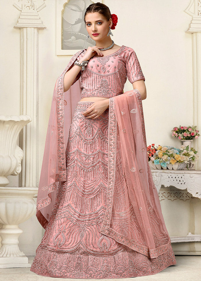 3 Pc Light Pink Net Semi Stitched Lehenga Set