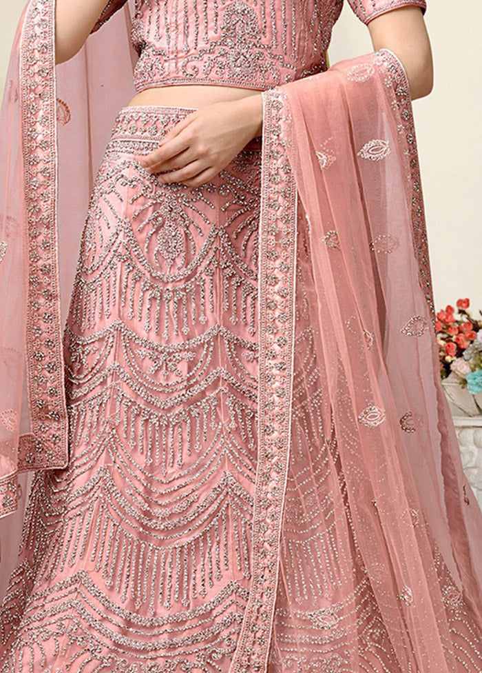 3 Pc Light Pink Net Semi Stitched Lehenga Set