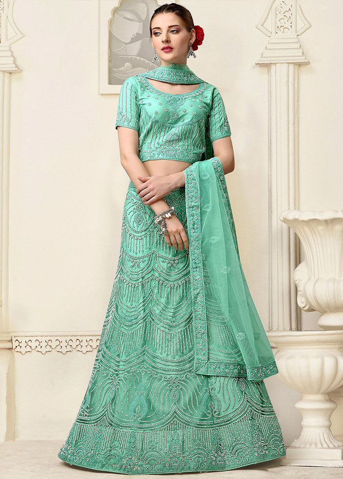 3 Pc Green Net Semi Stitched Lehenga Set