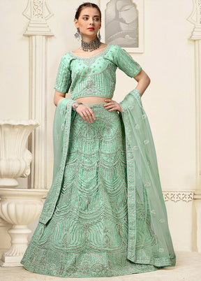 3 Pc Light Green Net Semi Stitched Lehenga Set