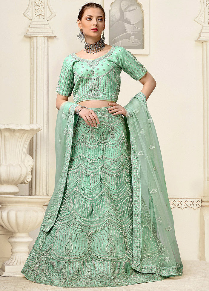 3 Pc Light Green Net Semi Stitched Lehenga Set