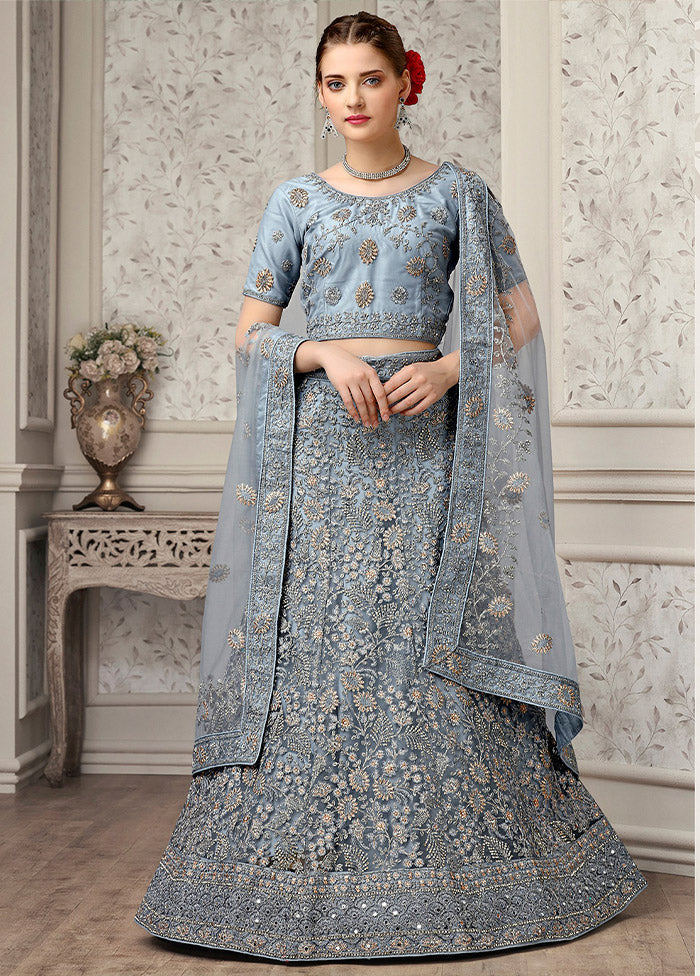 3 Pc Grey Net Semi Stitched Lehenga Set