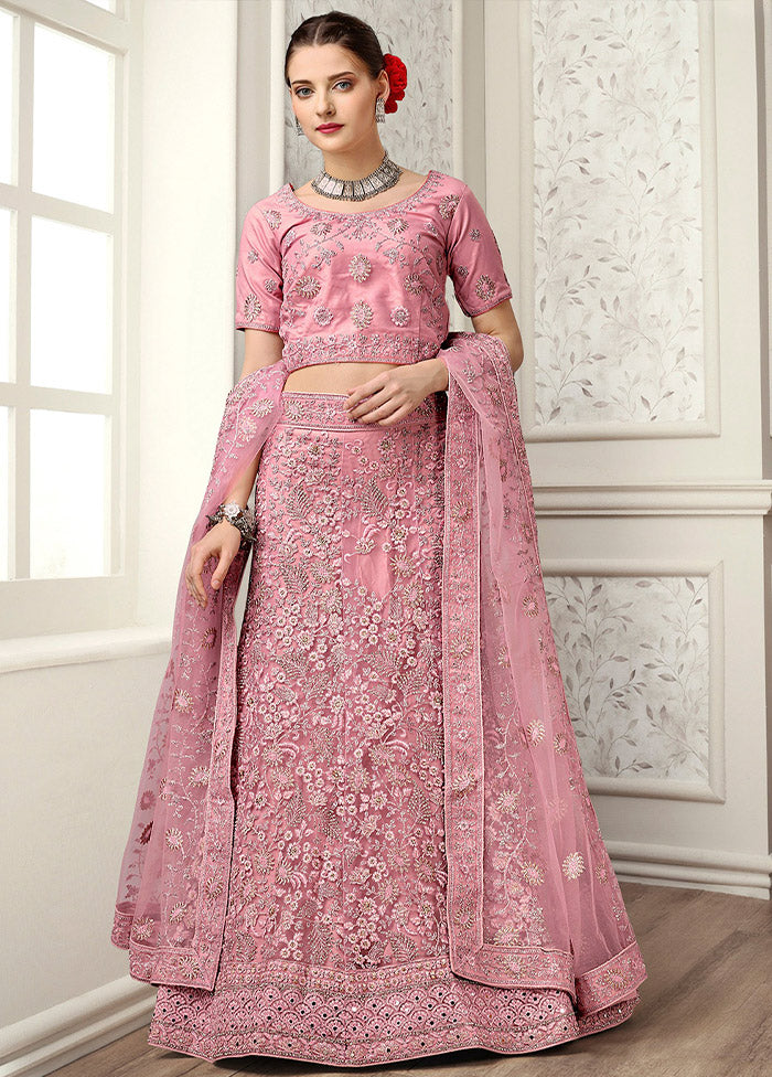 3 Pc Peach Net Semi Stitched Lehenga Set