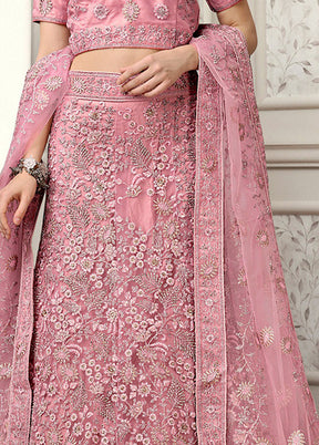 3 Pc Peach Net Semi Stitched Lehenga Set