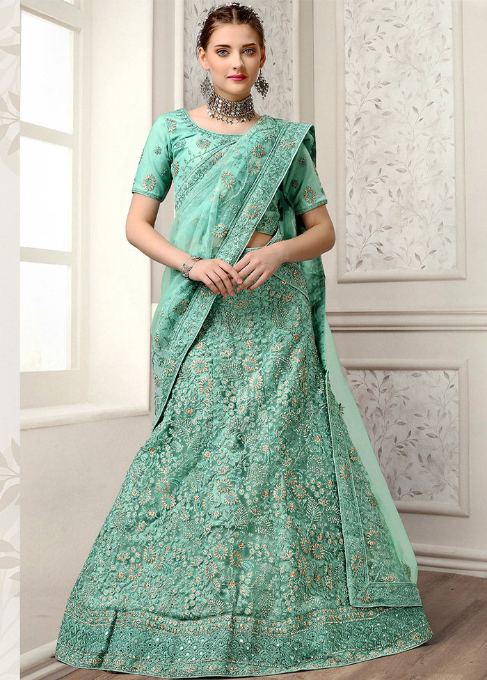 3 Pc Turquoise Net Semi Stitched Lehenga Set