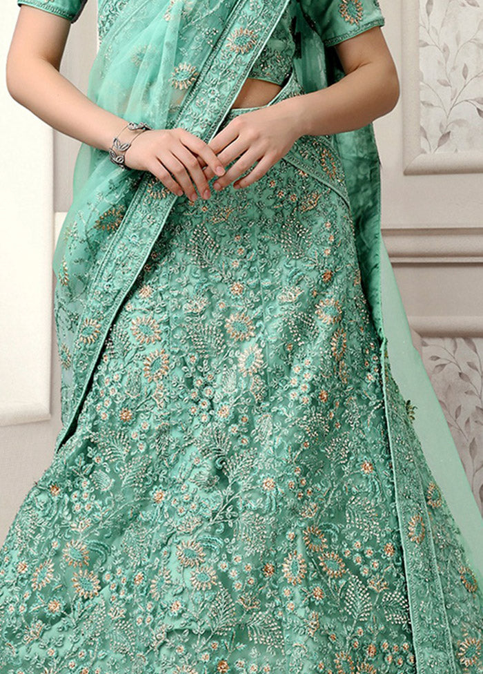 3 Pc Turquoise Net Semi Stitched Lehenga Set