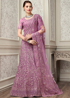 3 Pc Lavender Net Semi Stitched Lehenga Set