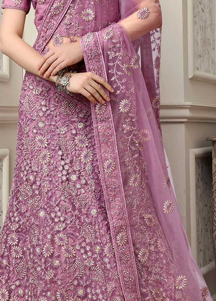 3 Pc Lavender Net Semi Stitched Lehenga Set